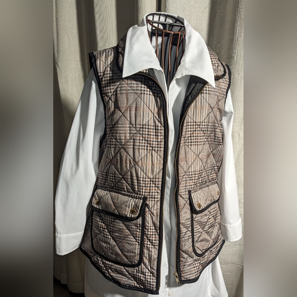 Women's British Khaki Vest, Lightweight, Fall, Layer, Plaid, Sz L